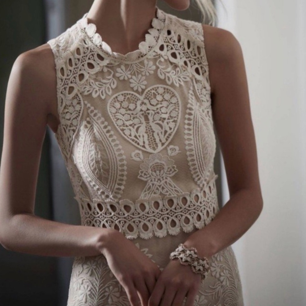 NWOT$448 Anna Sui Cream Crochet Lace Embroidered MIDI Dress, 4, Small